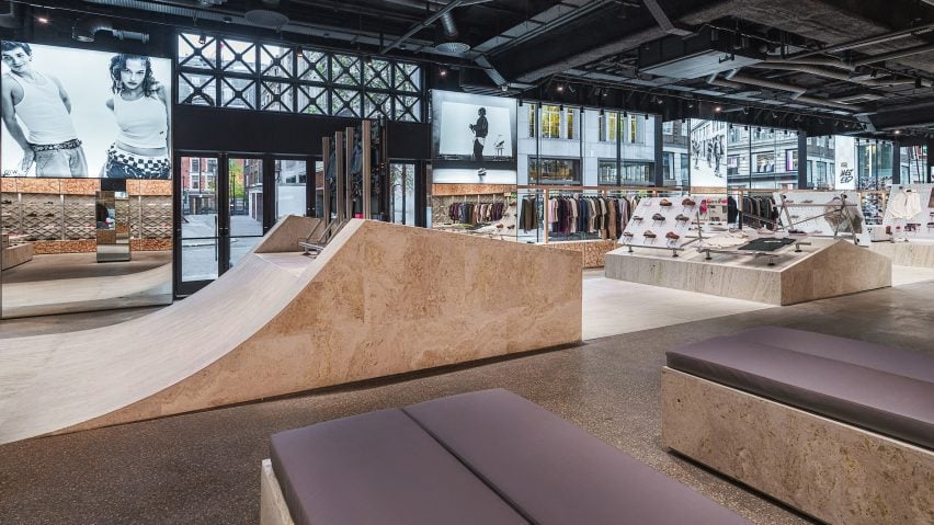 Interior of Vans store with skating ramp