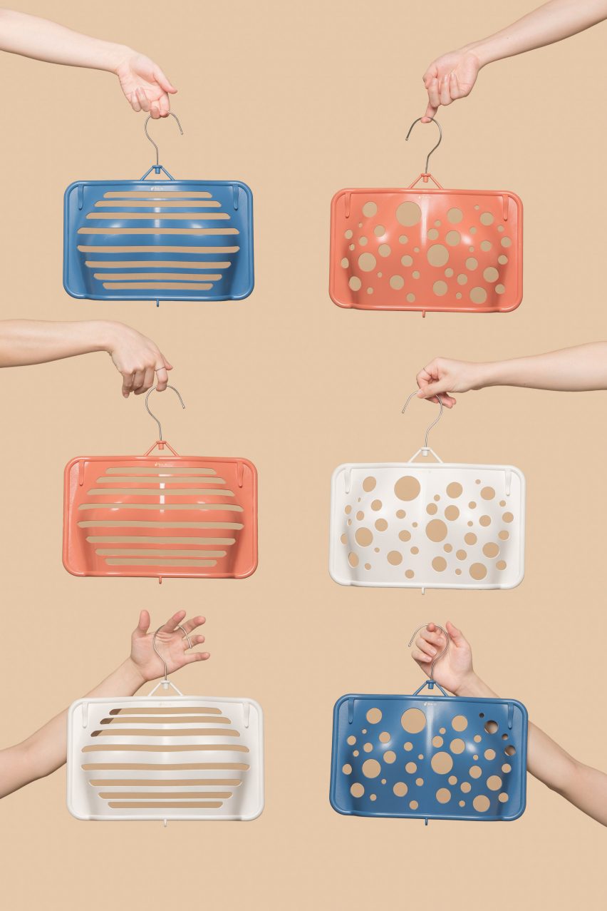 White, coral and blue Bras Up being held up six arms