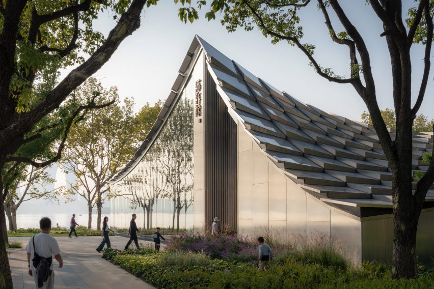 Exterior view of lakeside pavilion by BIG
