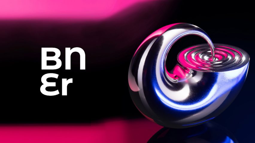 A photograph of a silver trophy in a circular abstract form, with pink and black lighting behind it. There is white text with the letters b, n, e and r next to it.