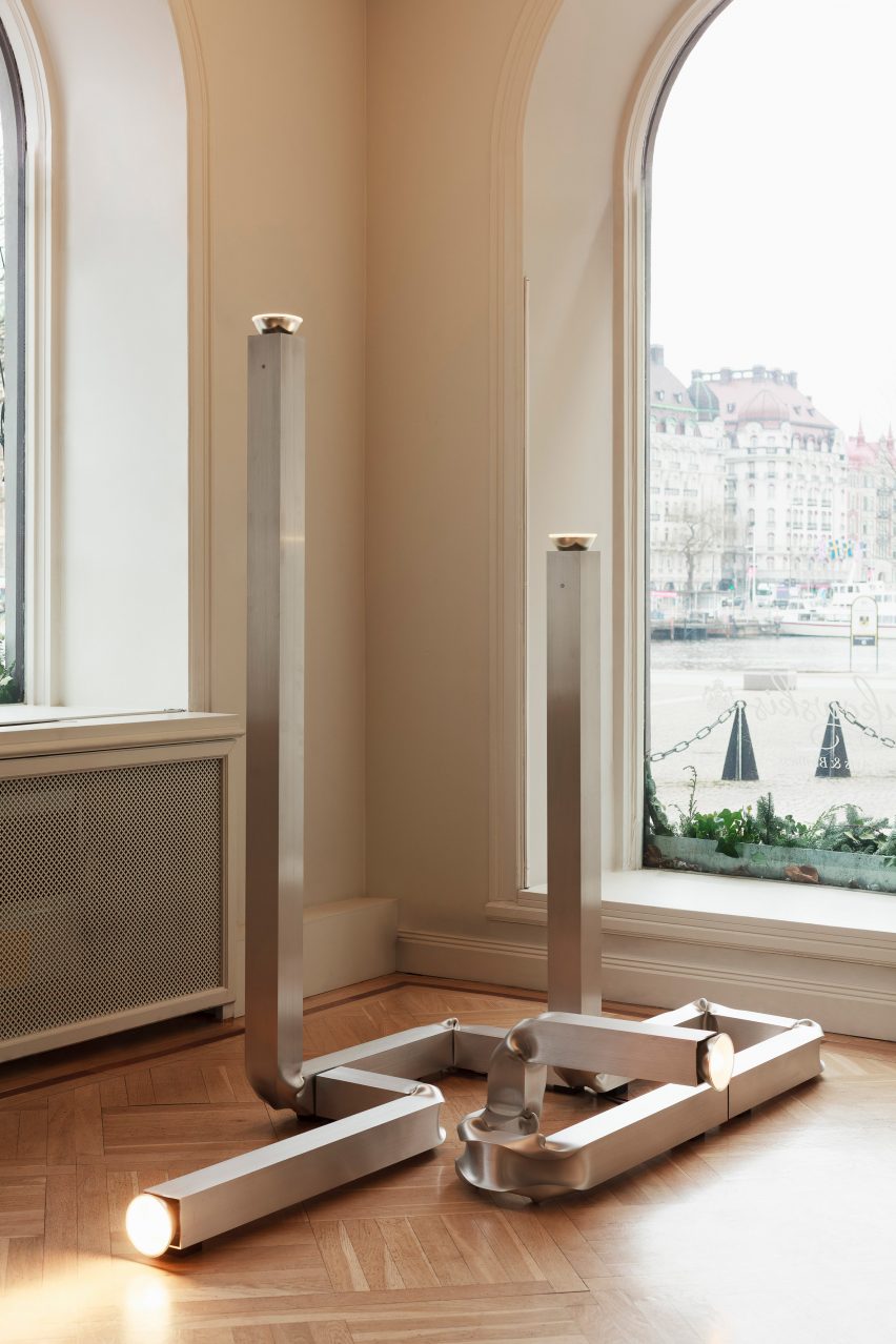 Aluminium floor lamp by David Taylor in Special Effects exhibition at Bukowskis in Stockholm