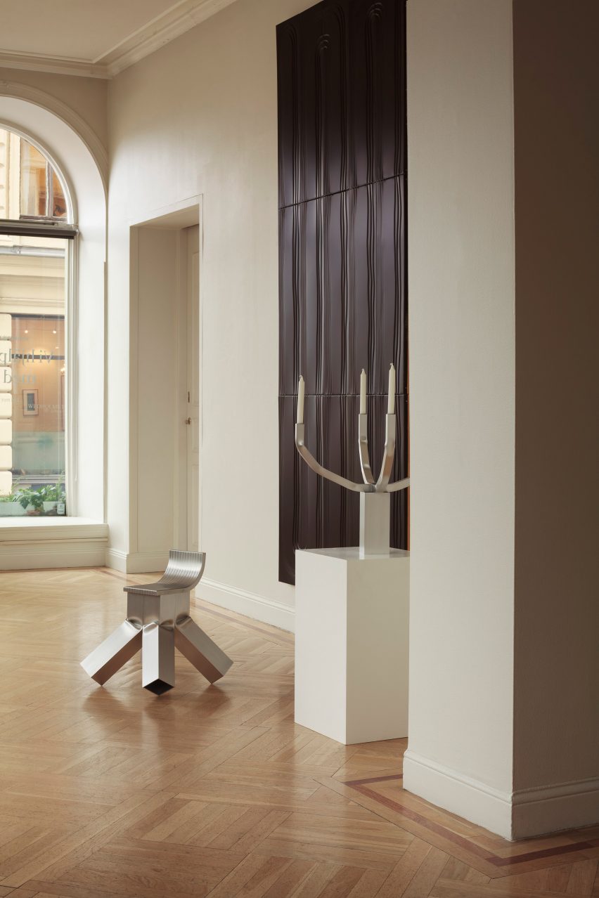 Aluminium chair and candelabra by David Taylor in Special Effects exhibition at Bukowskis in Stockholm