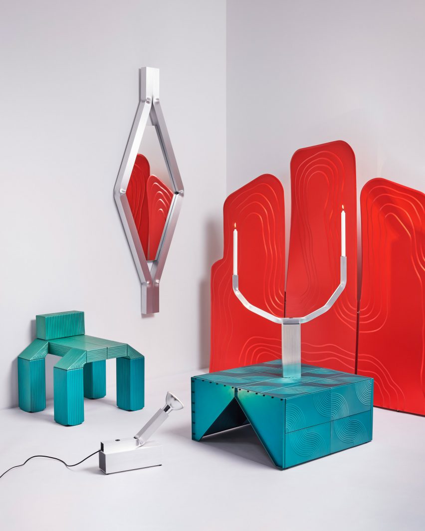 Aluminium furniture and lighting by David Taylor for Special Effects exhibition at Bukowskis in Stockholm