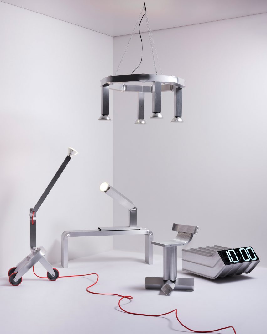 Aluminium lighting and clock by David Taylor for Special Effects exhibition at Bukowskis in Stockholm