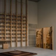 Wooden screen and display unit as part of Karimoku exhibition Tokyo