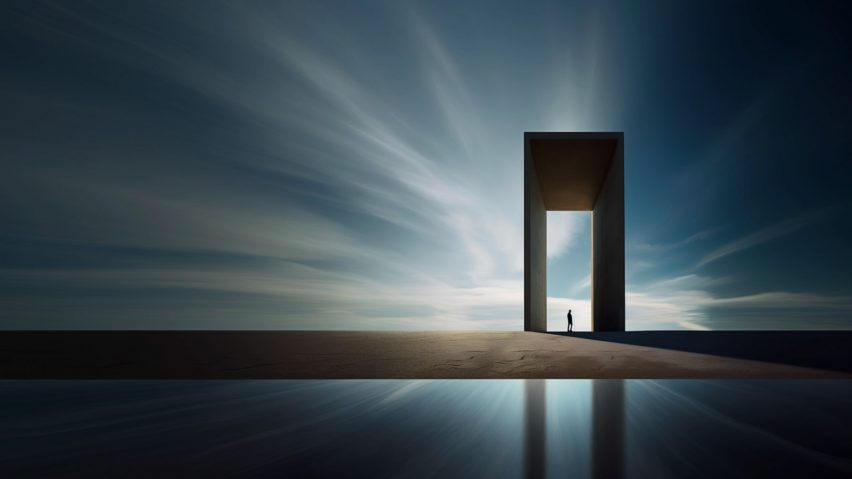 A visualisation of a large rectangular structure, in an outdoor landscape in tones of blue and grey.