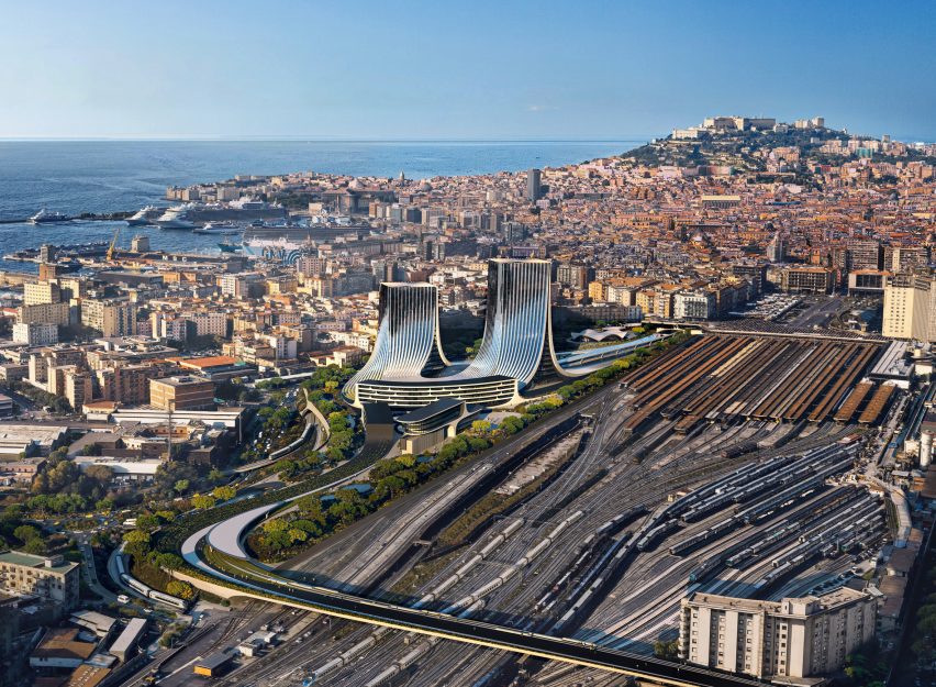 Aerial view of the Napoli Porta Est masterplan by Zaha Hadid Architects