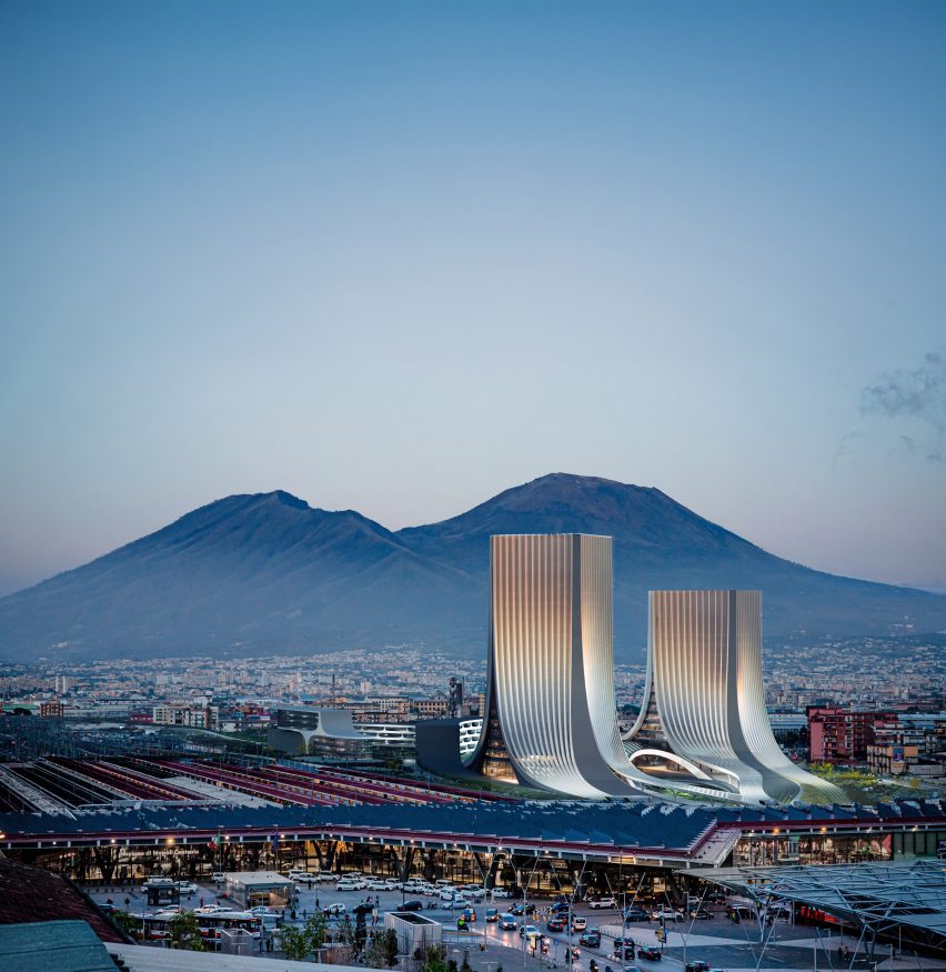 Render of the Napoli Porta Est towers by Zaha Hadid Architects