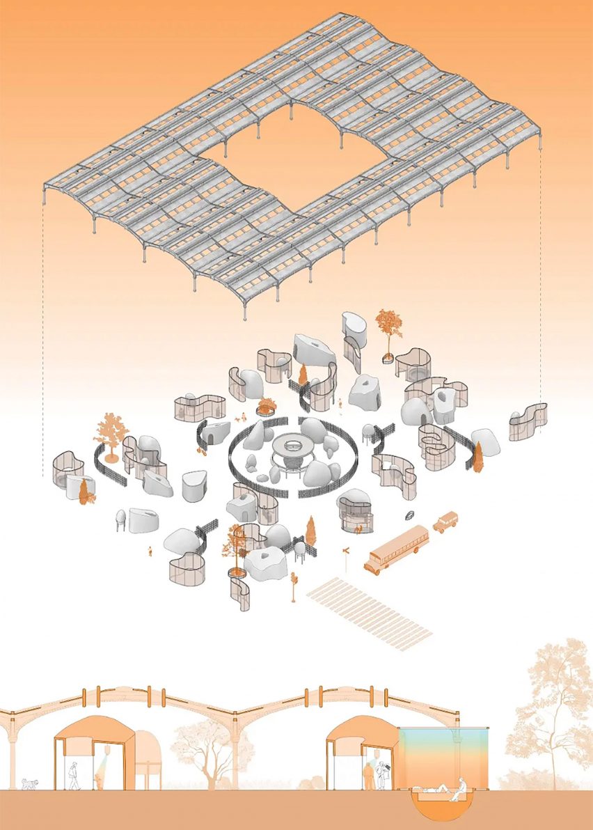 A diagram of a design for an interior, in tones of grey, white and orange.