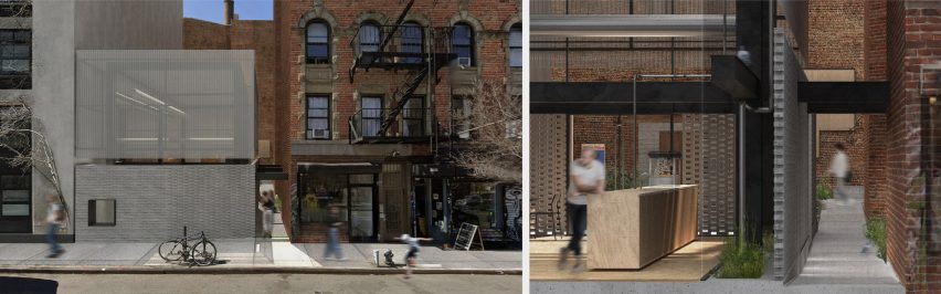 Two visualisations beside one another of a brown brick building.