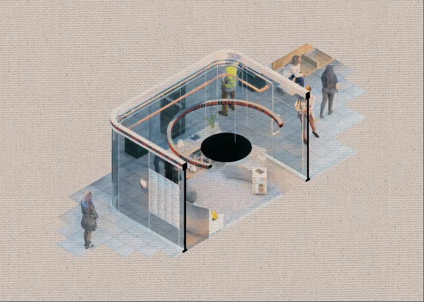 A visualisation of an interior design in tones of brown, red and blue.