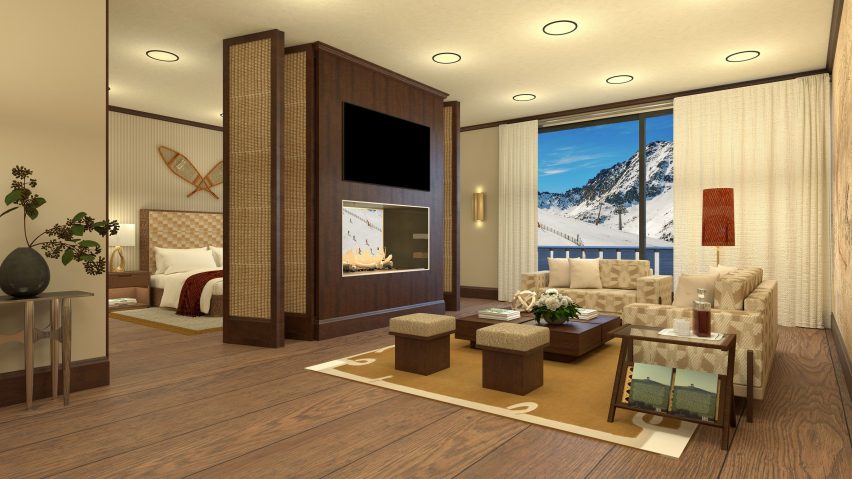 A photograph of an interior in tones of beige and brown, with lounge furniture in it.