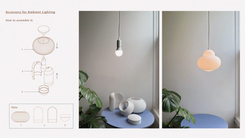 Photographs of a suspended light, with design diagrams next to it.