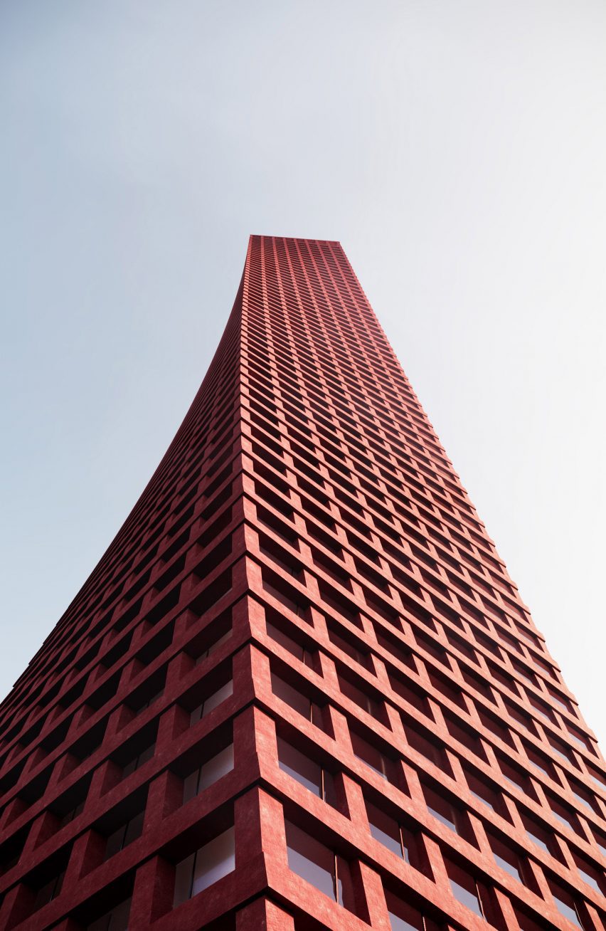 Red concrete exterior of skyscraper proposal by Ricardo Bofill Taller de Arquitectura