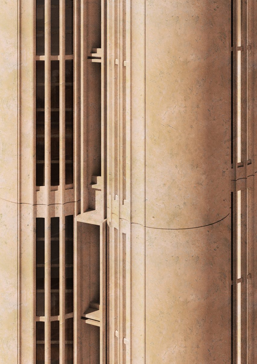 Close up of concrete Papuli Tower in Tirana