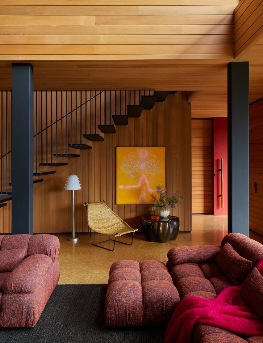 Staircase in cedar clad house