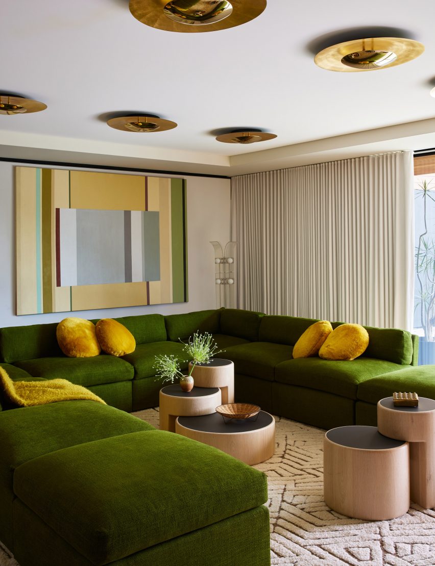 White clad living room in cedar clad Los Angeles house