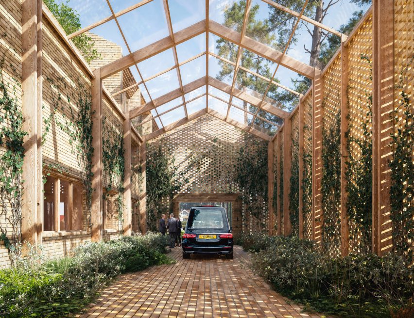 Render of a timber and brick building by BIG