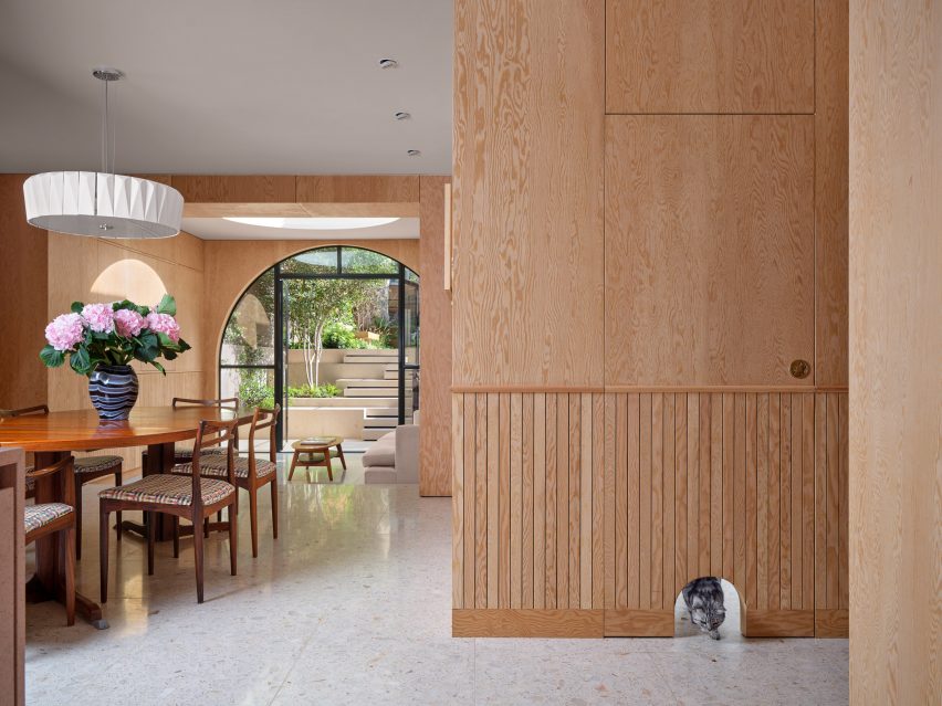 Wood-lined dining room