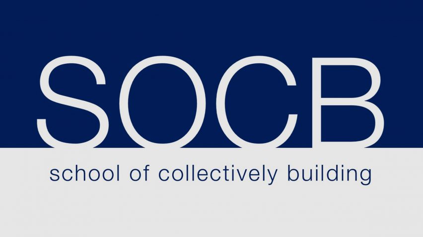 An image in tones of blue and white, with large white text in the centre reading 'SOCB', with 'school of collectively building' written underneath it in blue text
