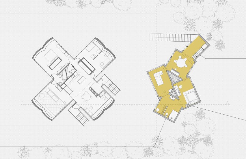 A digital illustration of a floor plan, from above, showing building structures in tones of white, grey and yellow.
