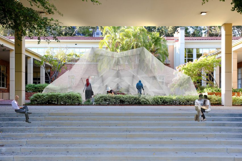 A visualisation of a geometric structure within a garden. There are grey steps leading up to the structure and multiple figures around it.