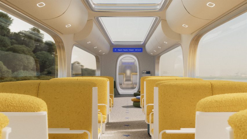 Rendering of the inside of a Starline high-speed train carriage showing soft yellow upholstered seating and lots of light coming from rounded windows and skylights