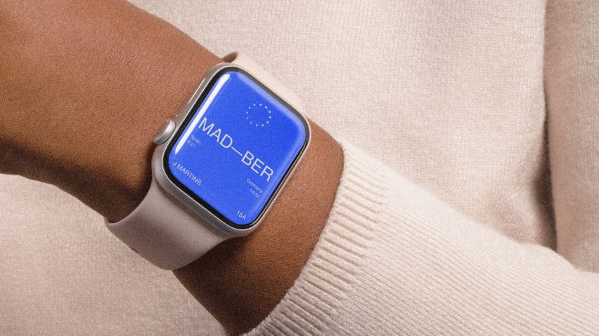 Composite image showing a rendering for a simple train travel app interface in bright blue on an Apple Watch on a person's hand