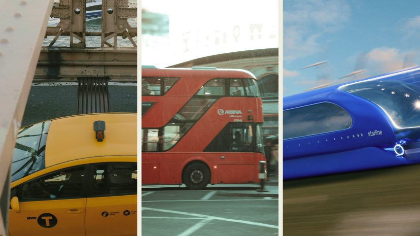 Triptych composite image showing a rendering for a blue Starline train on the right besides photos of a yellow New York cab and a red London double-decker bus