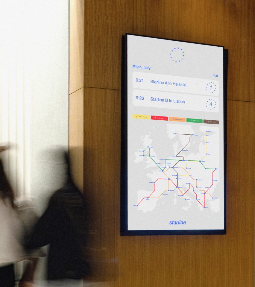 Composite image showing people milling around a building with a metro-like map on the wall showing train routes in bright colours crossing Europe