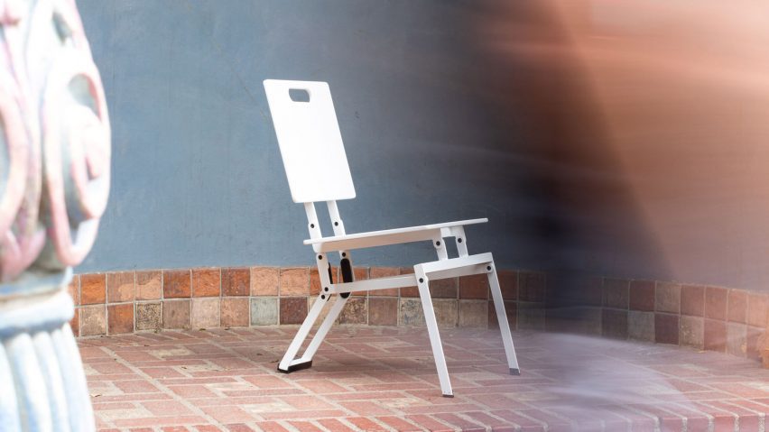 White robotic chair on patio