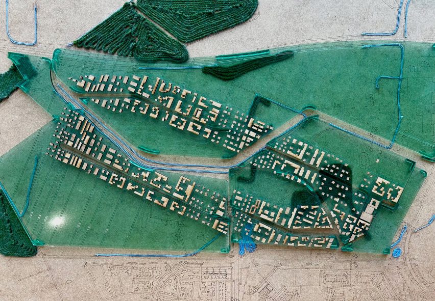 Bird's eye view of architectural model of a neighbourhood