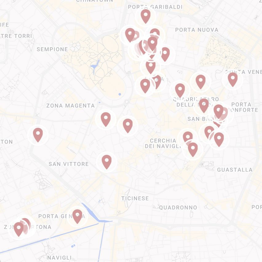 Map of Milan with pins in it