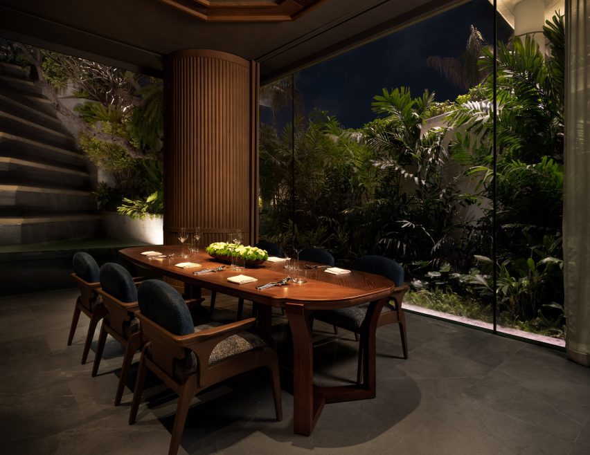 Interior of restaurant with foliage