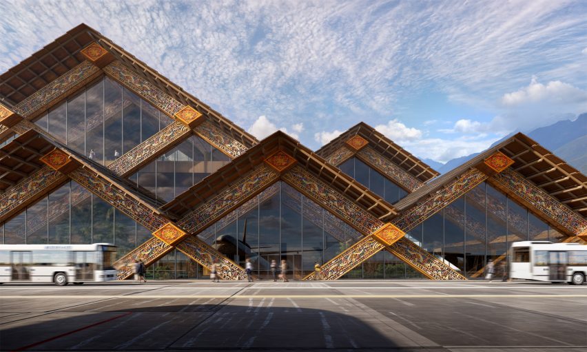 Detail render of facade of Gelephu International Airport by BIG
