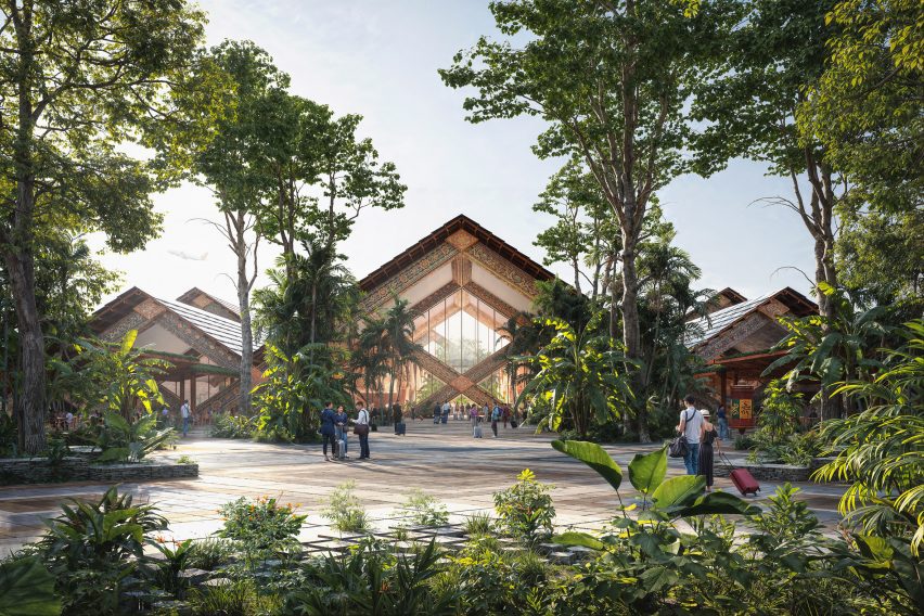 Render of a building with a diagrid glulam structure