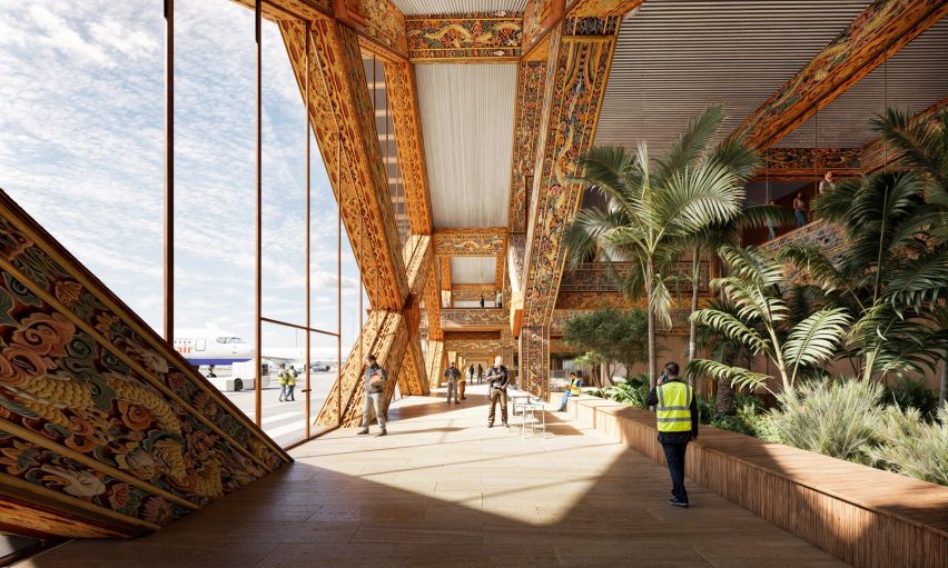 Terminal interior decorated by wood carvings