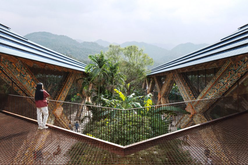 Lush courtyard overlooking Bhutan mountains