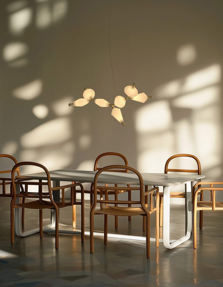 Gem-like lighting hanging from ceiling over table