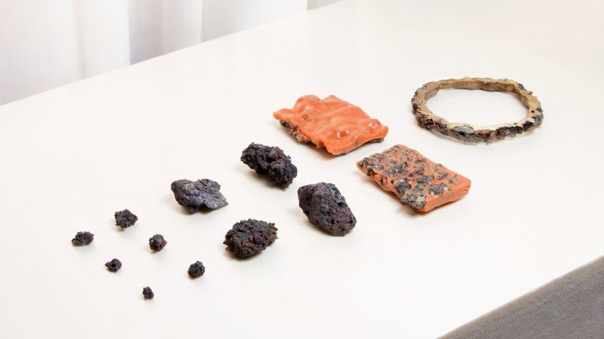 Materials displayed on a white table
