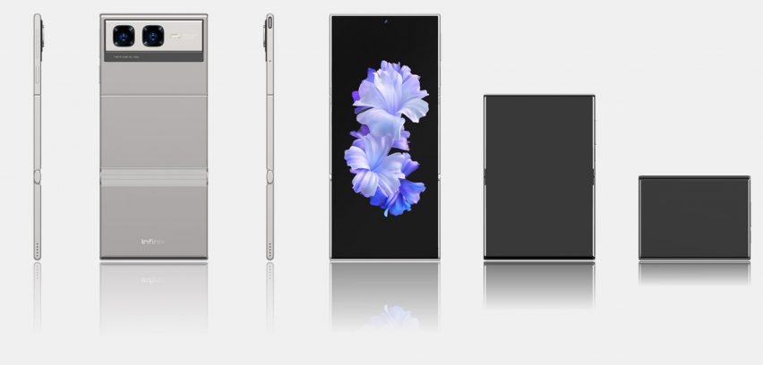 Rendering showing the Infinix Zero Series Mini Tri-Fold phone in three different modes from tall to compact