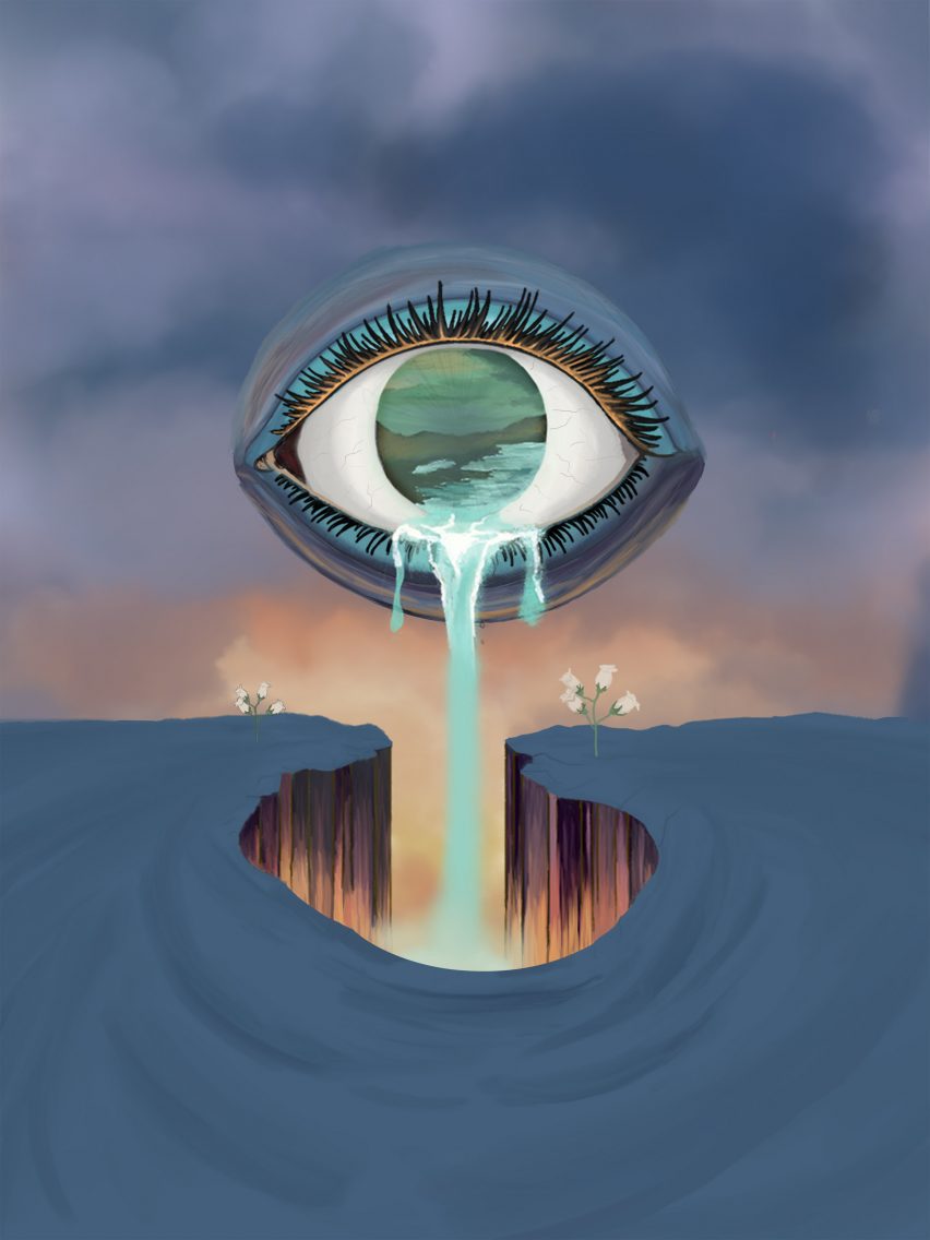 A digital illustration of an eye, with blue water falling from it against a blue backdrop.