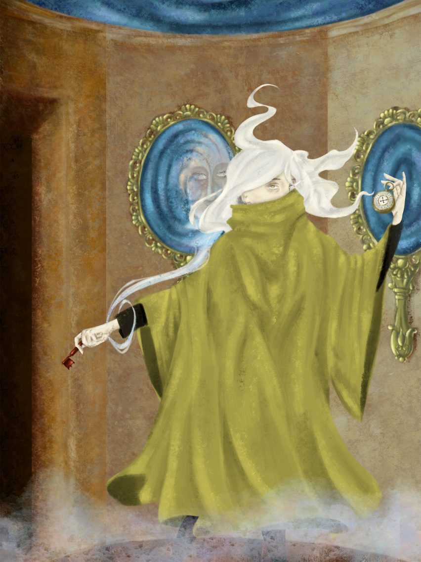 A digital illustration of a person in a green cape