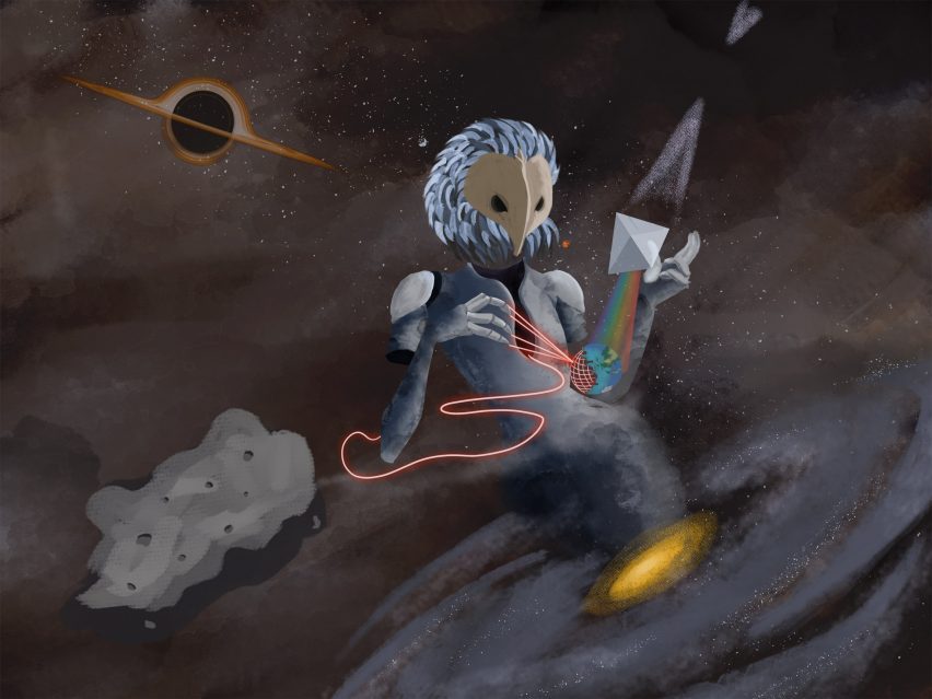 A digital illustration of a creature in tones of grey