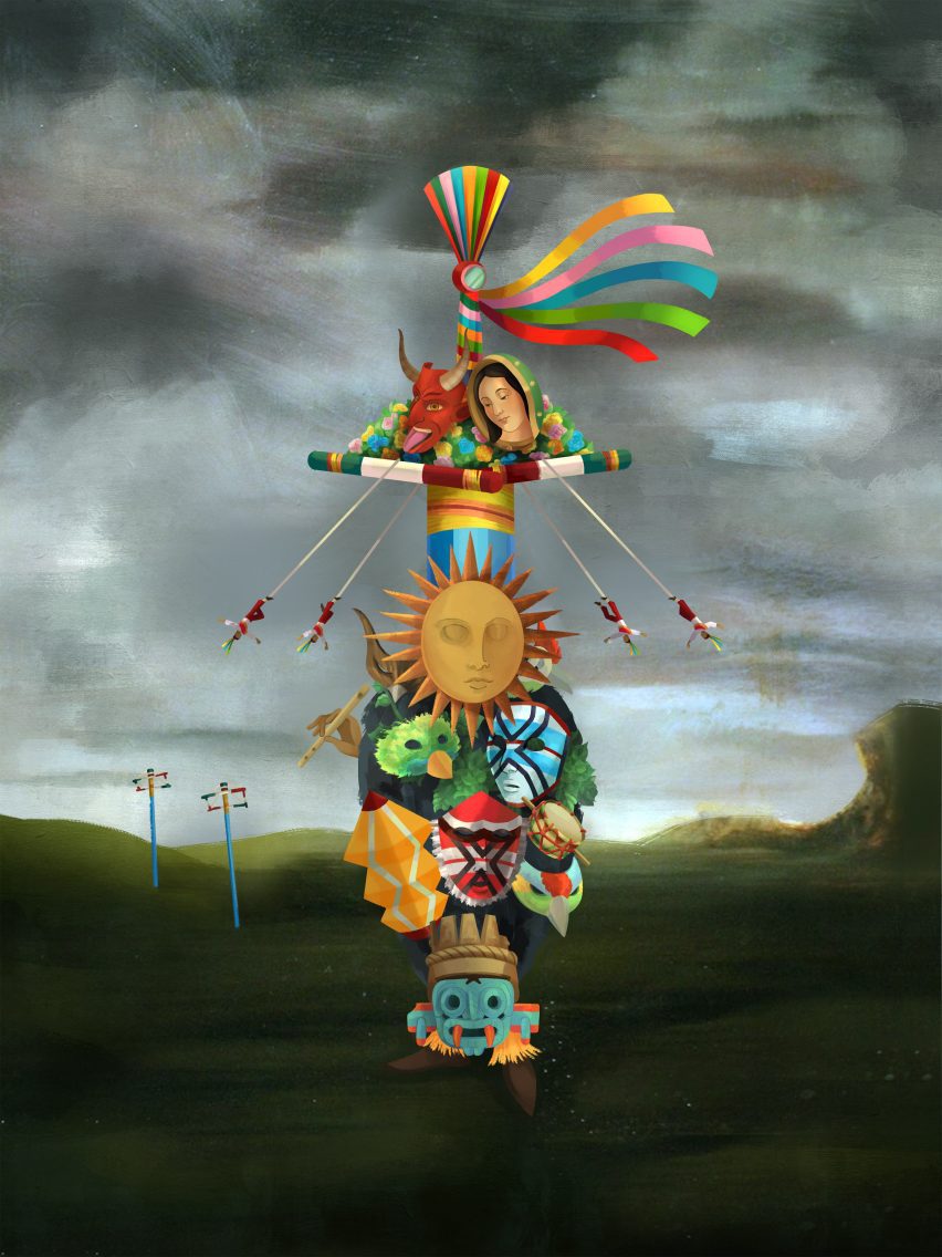 A digital illustration of a pillar with multiple faces on it