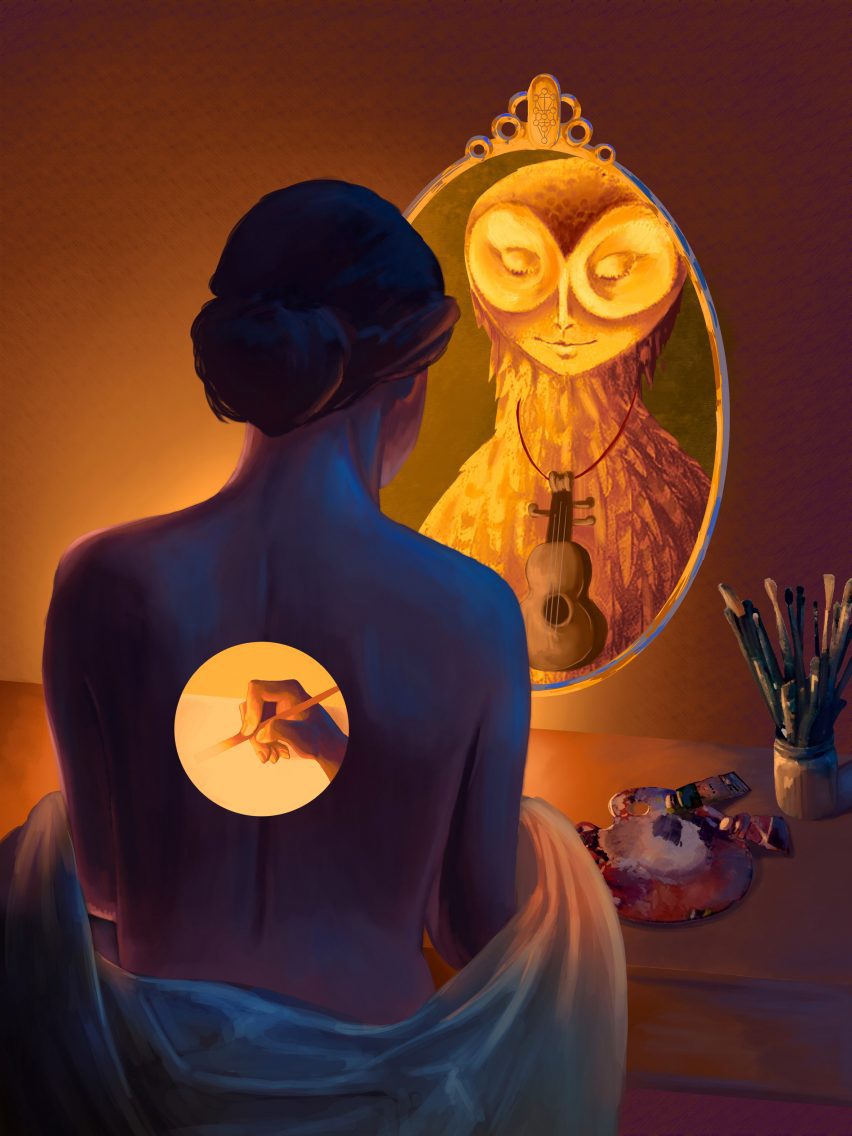 A digital illustration of a person sat in front of a mirror, which shows an orange reflection