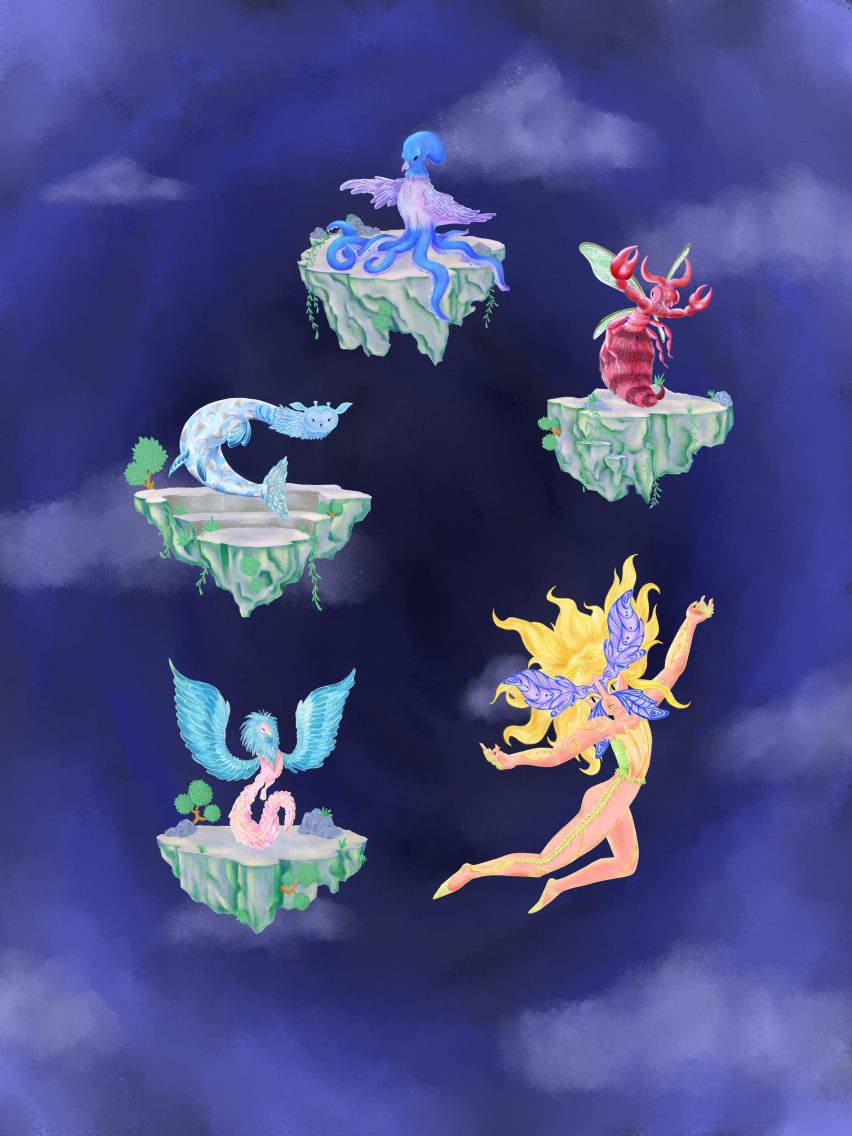 A digital illustration of mythical figures against a purple backdrop