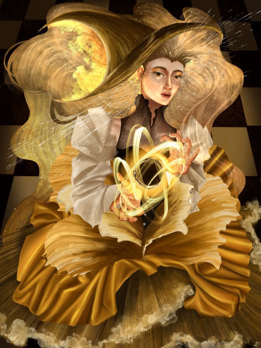 A digital illustration of a person amongst golden shapes