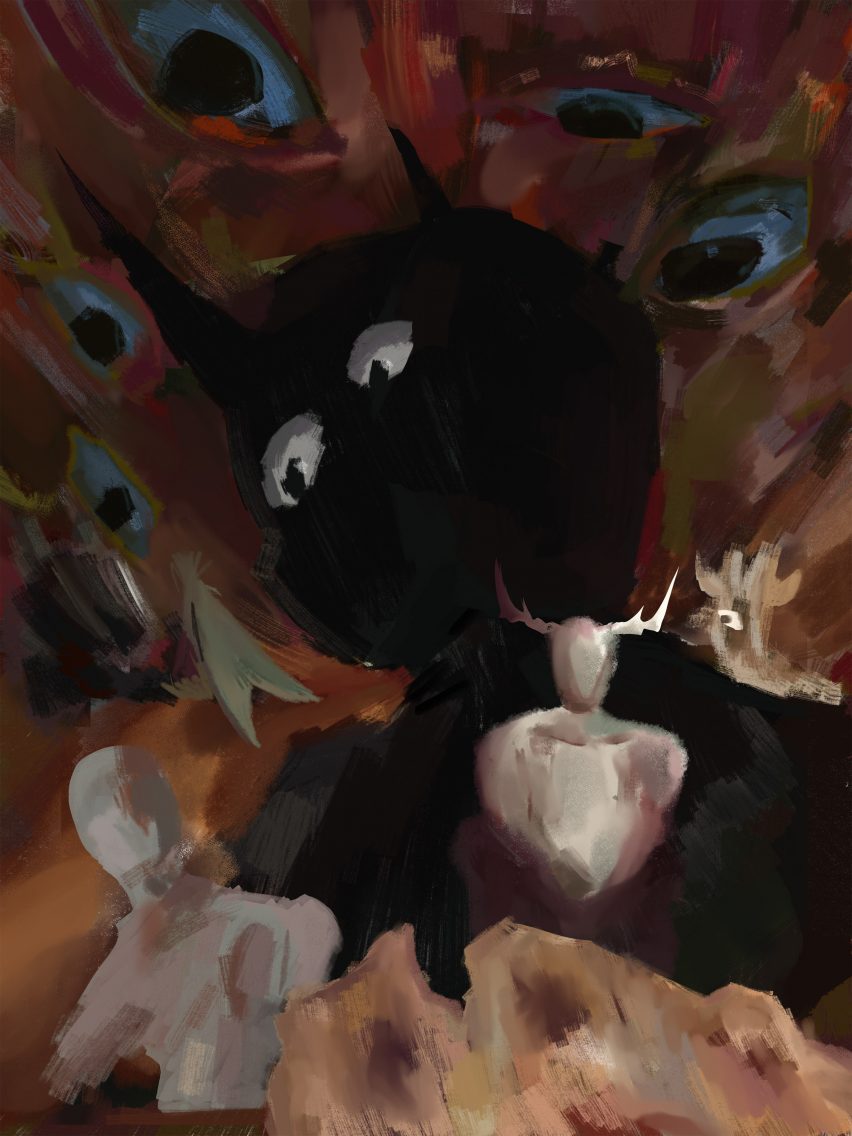 A digital illustration of a dark abstract figure with green eyes