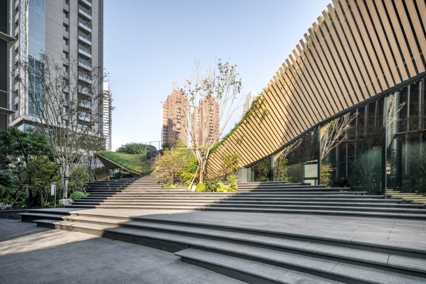 View of courtyard within museum by Kengo Kuma and Associates